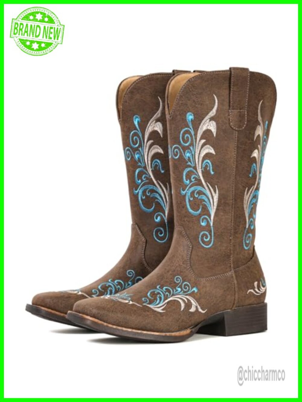 Mid Calf Western Cowboy Boots Square Toe Faux Leather